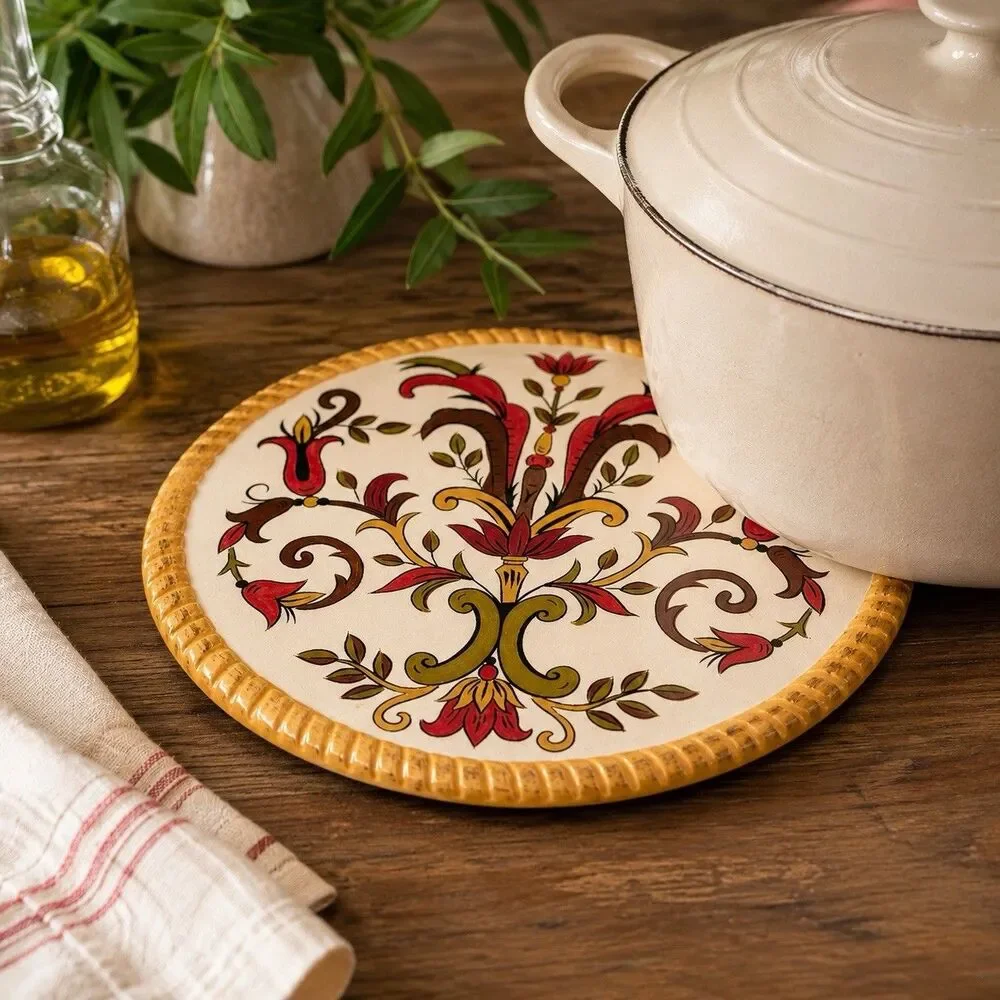 Pier 1 Oralia 8 3/8” Earthenware Trivet Hot Pad Floral Discontinued Tuscan